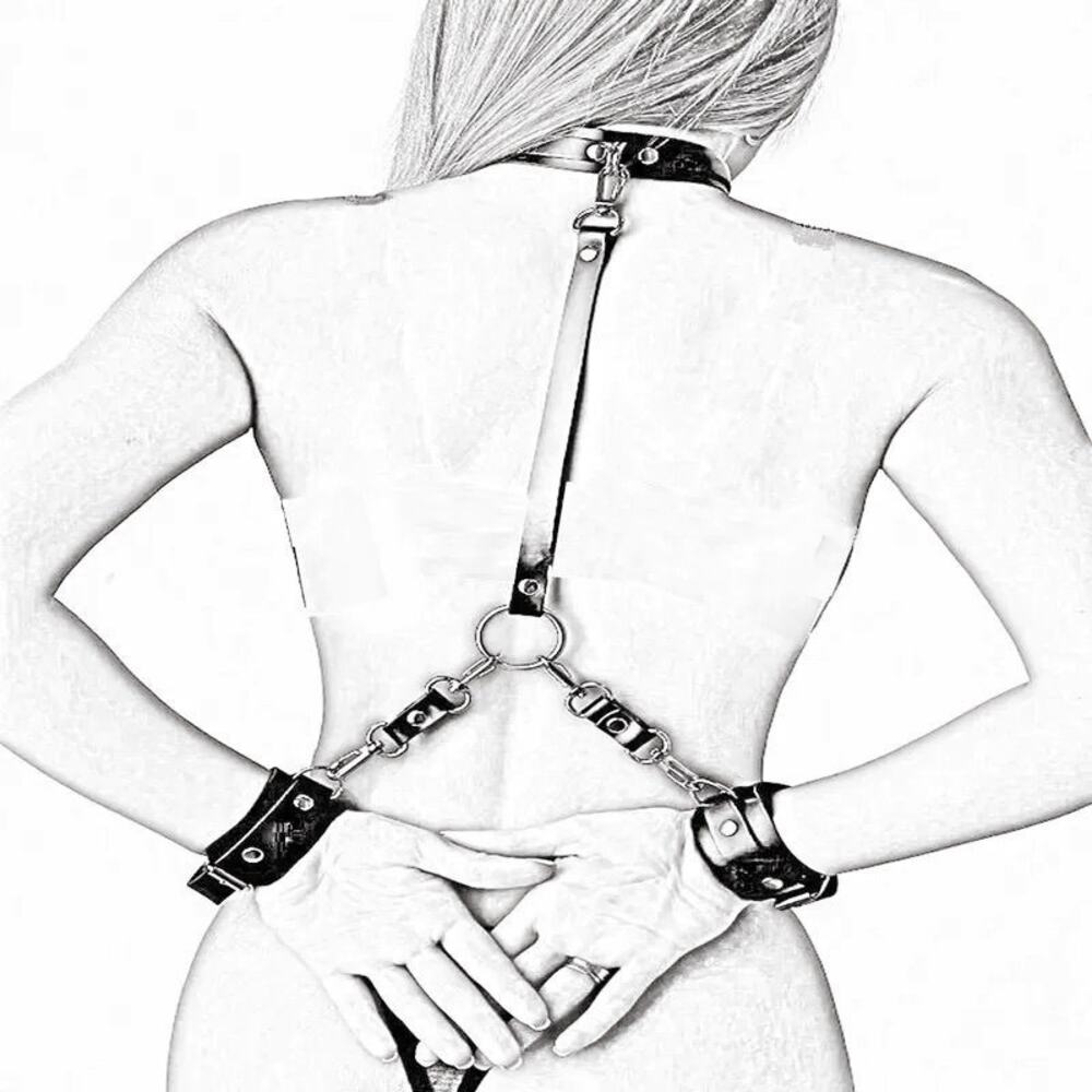 Women PU Leather Body Harness Choker Wrist Cuffs Punk Adjustable Gothic